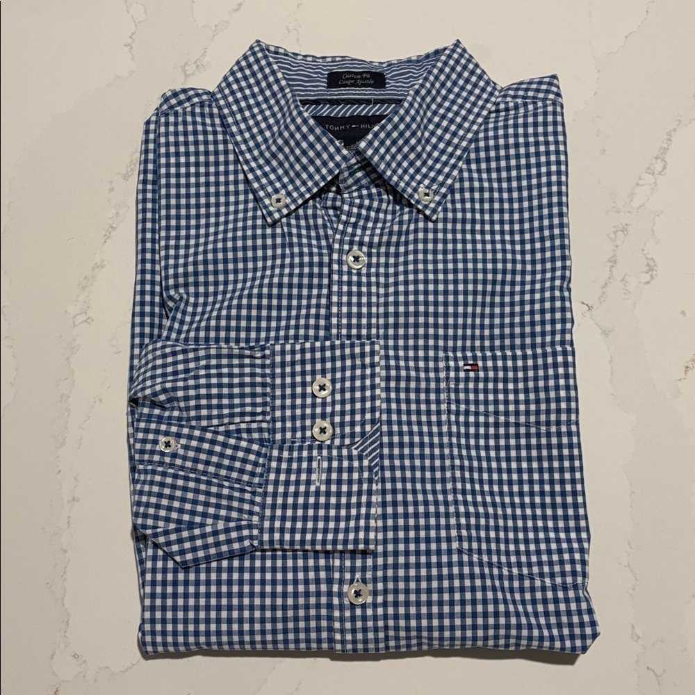 Tommy Hilfiger Button Down Plaid Shirt, blue and White, size Medium